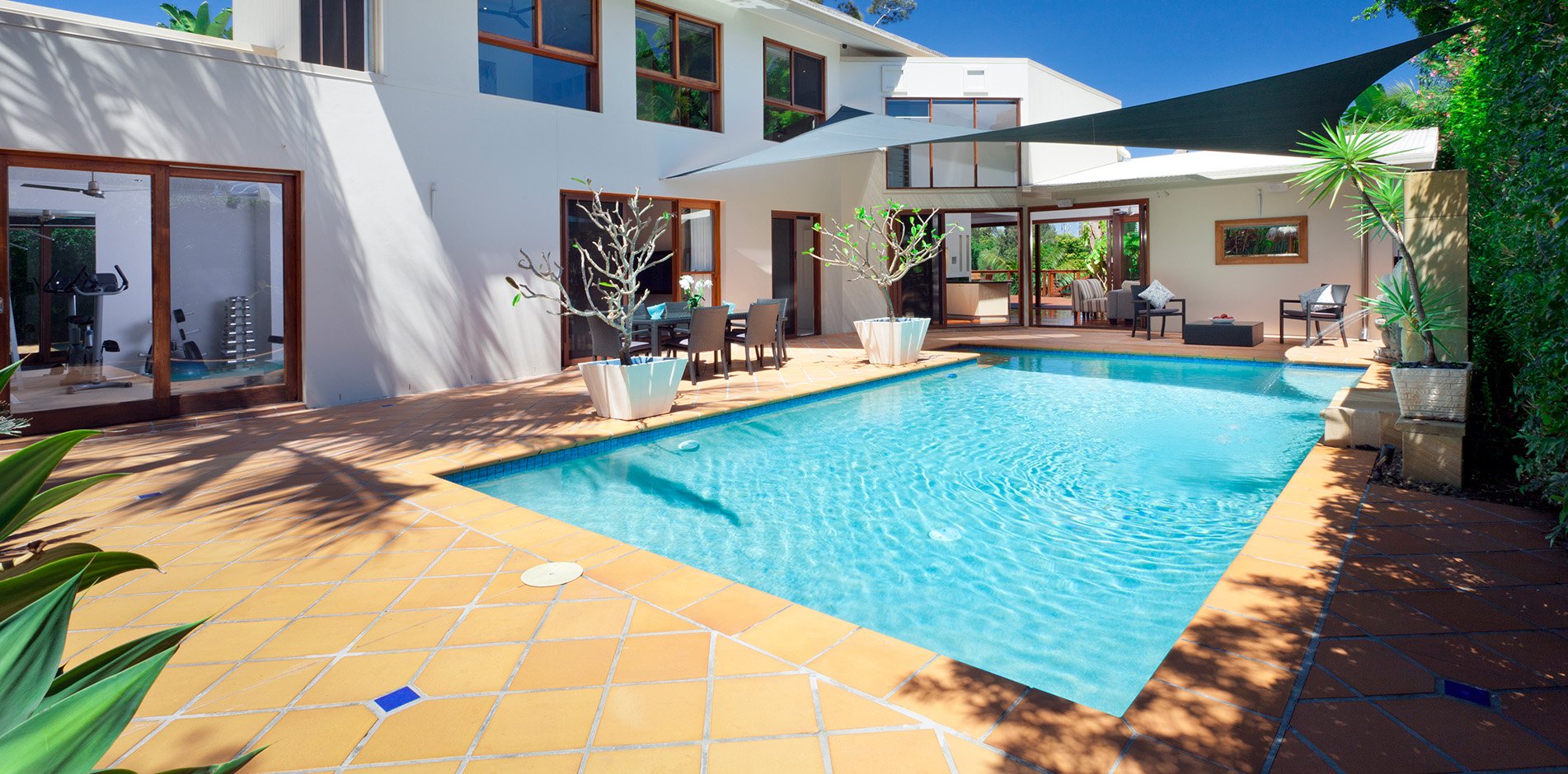 Residential swimming pool and surrounding garden